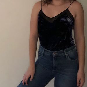 Black velvet tank with blue flower pattern